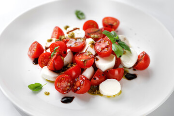 Caprese Salad with ripe tomatoes, mozzarella cheese, fresh basil, balsamic sauce, pesto on white plate. Healthy delicious diet salad.