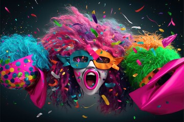 Concept of the Carnival. Colorful masks, crazy wigs, symbol of the explosion of joy and color. Black background. Generative AI