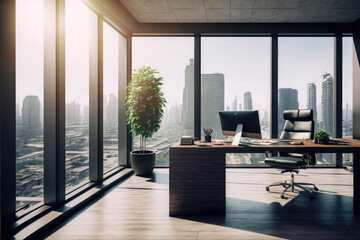 Workspace desk for executive leader in luxury interior of high-rise room in city apartment with large glass window overlooking beautiful cityscape skyline outside. Peculiar AI generative image. - obrazy, fototapety, plakaty