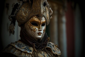 A luxurious golden male costume of Venice Carnival. Character on a black background. Generative AI