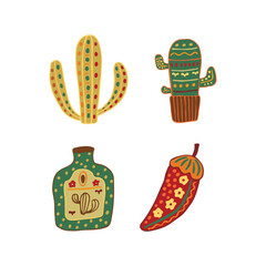 Bright set of mexican elements. Different cacti, pepper, tequila. Vector illustration
