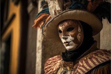 A luxurious golden male costume of Venice Carnival. Character on a black background. Generative AI - obrazy, fototapety, plakaty