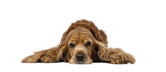 Handsome brown senior Cocker Spaniel dog, laying down facing front. Head down. Looking towards camera with funny annoyed look. Isolated cutout on a transparent background.