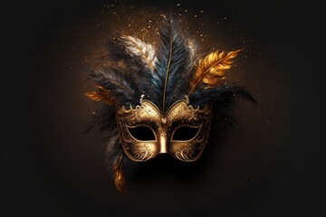 A luxurious golden mask with feathers on a black background. Generative AI
