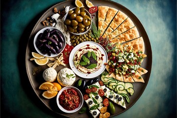 a plate of various types of mezze or tapas, with different dips, spreads, and small plates of appetizers. Professional food photography, fresh color background, created  whit  Generative AI
