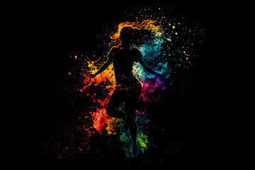 Female dance in abstract multi color paint explosion on black background. Freeze motion female jump through paint splash. Paint clouds with person silhouette on black background, Generative AI.