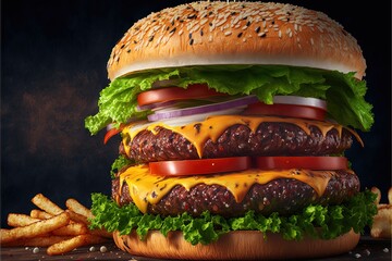 Delicious grilled burgers, Close-up of a juicy burger with fries, delicious,  created  whit  Generative AI
