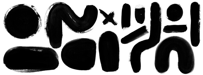 Set de trazos de pincel con pintura negra, trazos reales hechos a mano con formas variadas, circulares, alargadas, ovaladas, en cruz, rectangulares, conjunto de trazos aislados en color negro