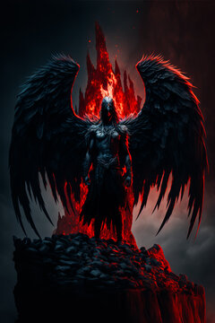 Fallen angel with black wings covered in red blood standing in the Hell. Infernal creature - fallen angel in a dark smoke. Gothic apocalyptic background, Generative AI. Mystic nightmare background.