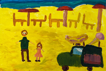 Amazing painting of family of father and daughter standing on beach near cafe, car selling ice-cream, hotdogs painted by child. Art, creativity, summer, holiday, relationship, watercolor, childhood.