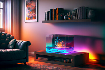 A living room with a holographic fireplace and floating shelves, ai