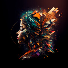 Female portrait with a thoughtful expression, on colorful abstract lines and polygonal figures with different geometries, Generative AI. Concept of thoughtfulness, concentration, thinking activity.