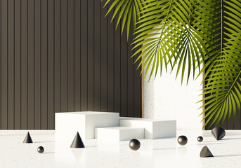 Mockup podium for product presentation and light beam 3D render illustration background.