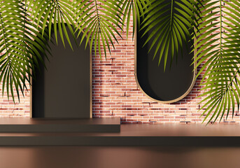 Mockup podium for product presentation and light beam 3D render illustration on brick and black background.