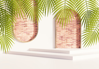 Mockup podium for product presentation and light beam 3D render illustration on brick and white background.