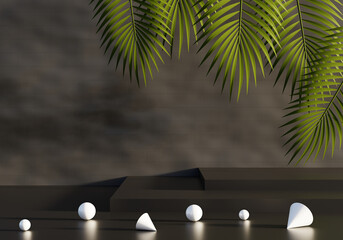 Mockup podium for product presentation and light beam 3D render illustration on black cement background.