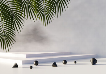 Mockup podium for product presentation and light beam 3D render illustration on cement background.