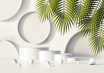 Mockup podium for product presentation and light beam 3D render illustration background.