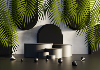 Mockup podium for product presentation and light beam 3D render illustration background.