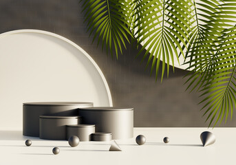 Mockup podium for product presentation and light beam 3D render illustration background.