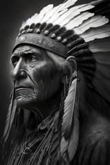 Obraz premium Generative AI illustration of highly detialed pencil drawing of Native American tribal chief portrait