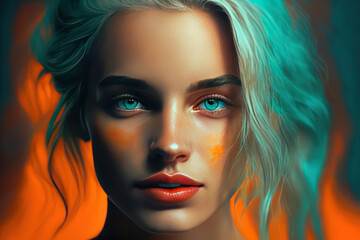 Generative AI illustration of beautiful woman with stunning teal and orange make up