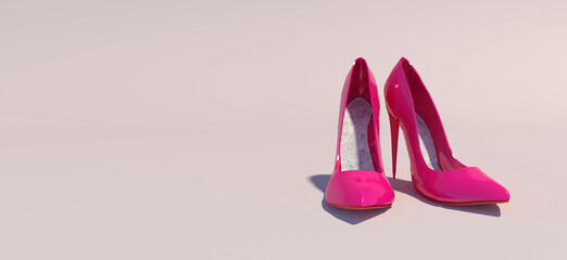 Nice pink high-heels 3D render in minimal nude background. Color of fashion in summer season.  