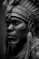 Generative AI illustration of pencil drawing of African tribal chief wearing ceremonial head dres with fantastic detail