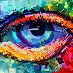 Portrait der geschminkten Augenpartie in allen möglichen Farben. Ai generierte Illustration
