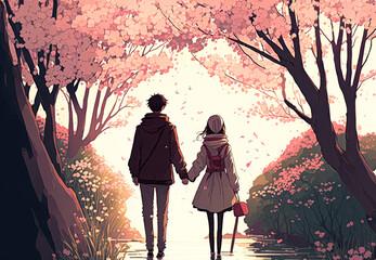 couple holding hands walking in a park, path, japan, sakura, cartoon - Generative AI