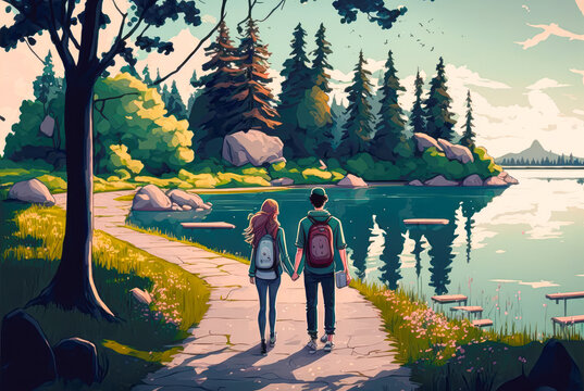 couple holding hands walking in a park, path, japan, sakura, cartoon - Generative AI