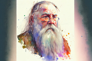 Portrait of a wise old man with long hair and beard, ai illustration