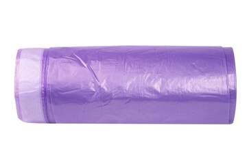 Violet roll of plastic garbage bags isolated on white background