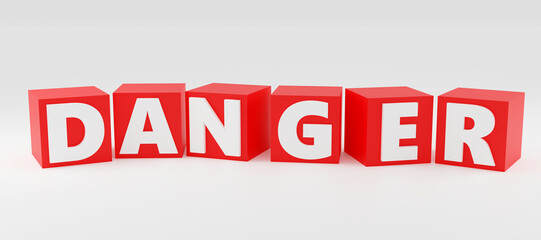 3d render sign danger on red cubes and light background. Simple minimalism concept.
