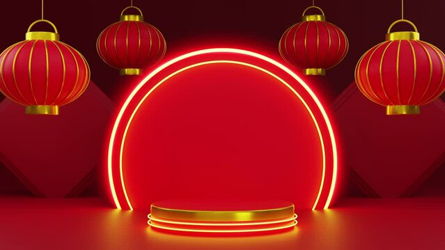 Chinese podium with neon glow light background
