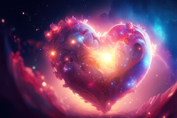 Saint Valentin, fête des amoureux. Coeur galactique espace et univers. Coeur Carte de voeux, affiche, cadeau pour couples. Generative AI.
