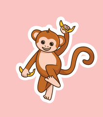 Cute monkey icon. Charming animal in motion with banana in his hands, fruit and food. Tropic and exotic, African savannah and fauna, wild life. Chimpanzee and primate. Cartoon flat vector illustration