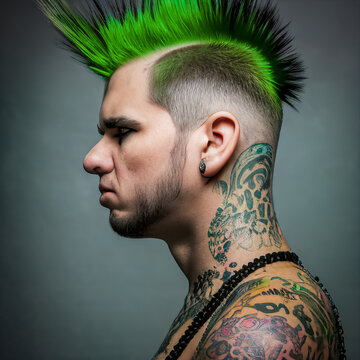 Generative AI - Green Mohawk Rebellion: A Side Profile Portrait of a Punk Rocker