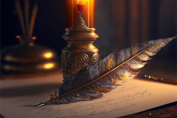 Quill pen on the table, medieval times, Generative AI