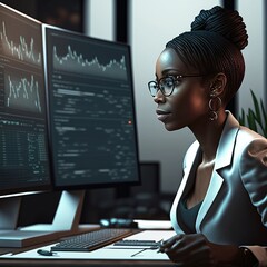 Businesswoman sit in a table, typing on the keyboard and look into modern display with trader growing chart, Generative AI