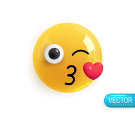 Realistic 3d Icon. Emoji face. Render of yellow glossy color emoji in plastic cartoon style