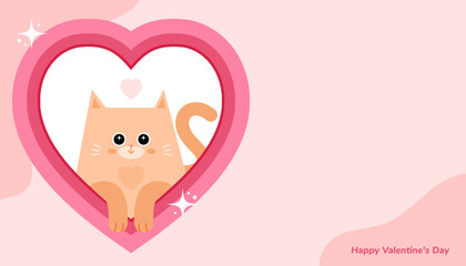 The orange cat inside heart frame, Valentine's day vector banner