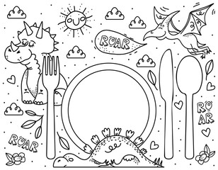 Dino placemat for kids. Coloring printable activity mat with dinosaur illustration. Nature adventure black and white play mat or coloring page.