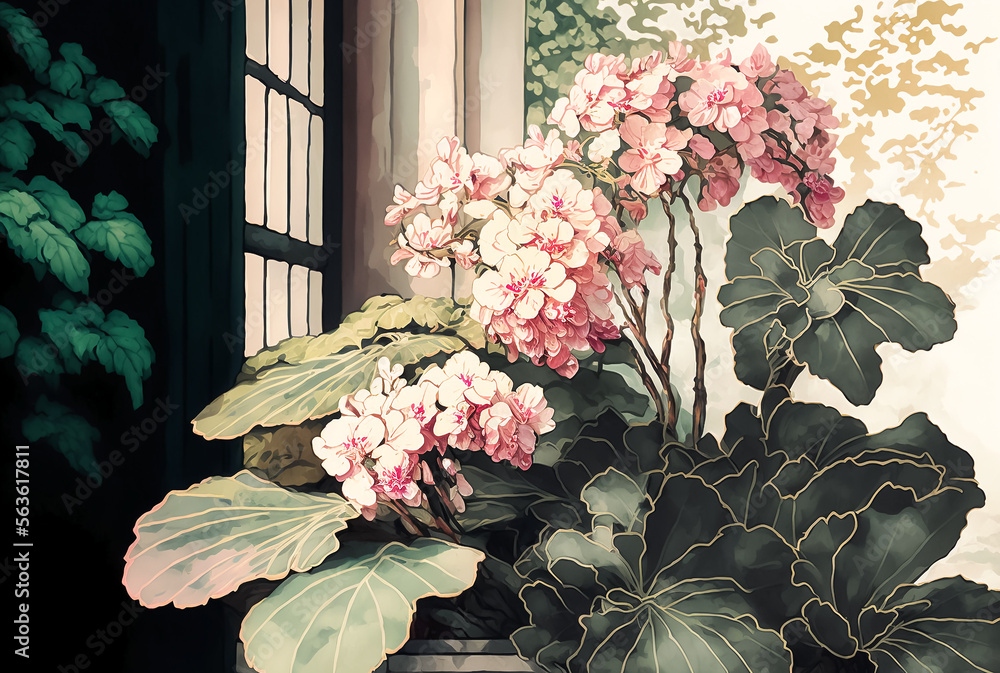 Wall mural vase of pink begonia flowers on the windowsill. vintage style, generative ai