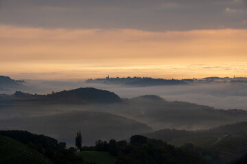 Fog early morning in South Styria, Austria