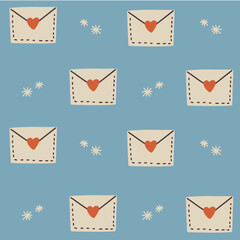 cute hand drawn love pattern for wrapping paper with love letters on blue background