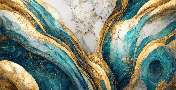 Abstract gold and teal marble banner. Generative AI