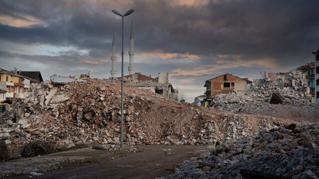 Israel Palestine war. War debris in a city after bombardment. War in middle east