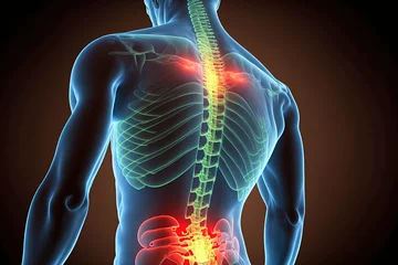 Foto op Plexiglas Foto de visualização interna do corpo humano a mostrar dois focos de dor, em simultâneo, nas costas. © Daniel