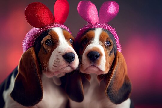 Two loving supercute puppy tricolor basset hounds wearing heart headdress, valentine's day mood, generative ai